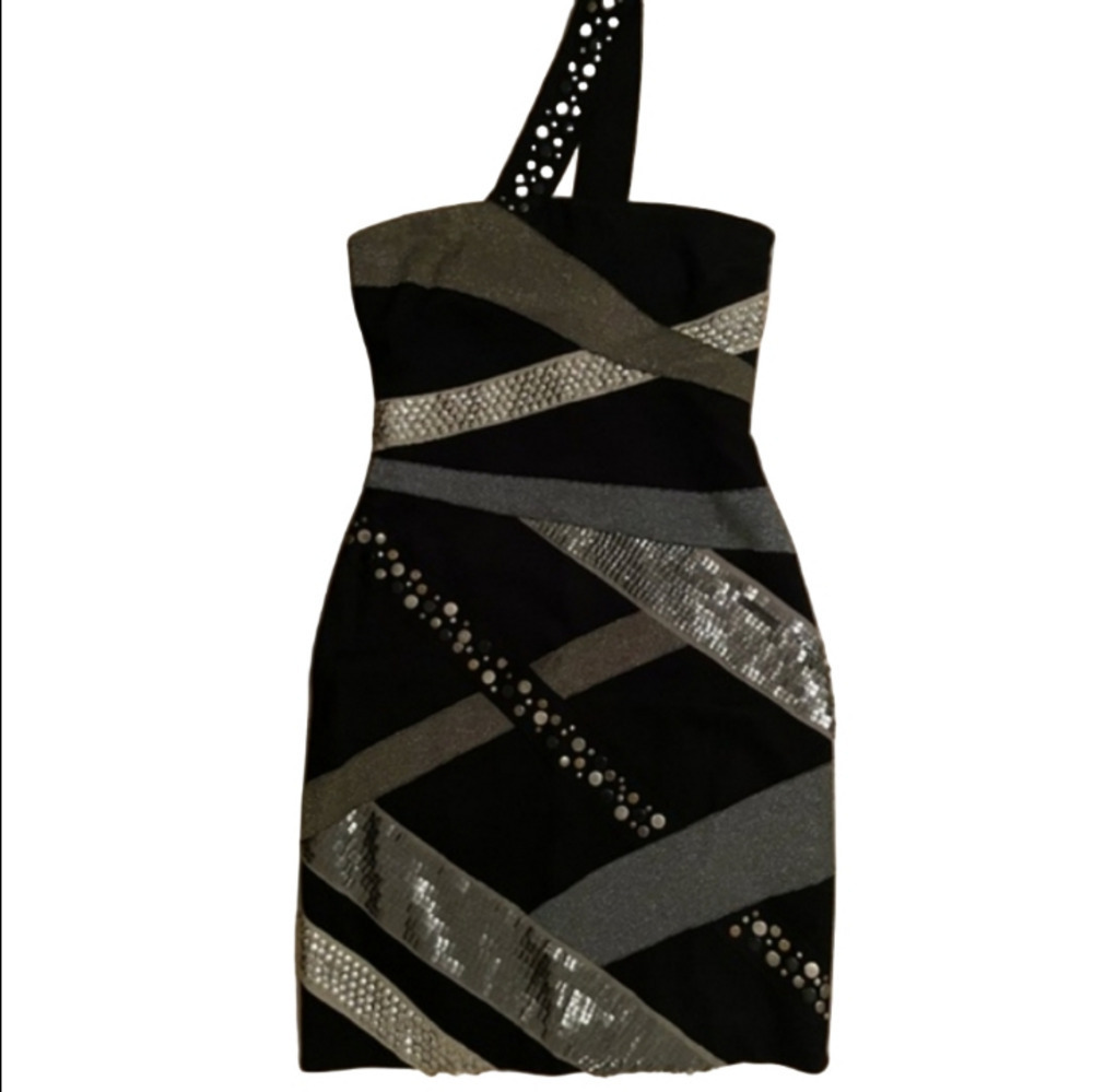 -- Beiley 44 Elegant Black and Gold One-Shoulder Dress Women's Size Medium